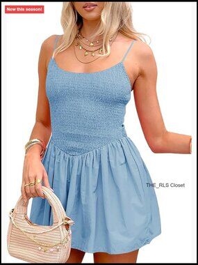 Smocked Mini Dress Summer Beach High Waist Spaghetti Strap A-Line Babydoll Dress